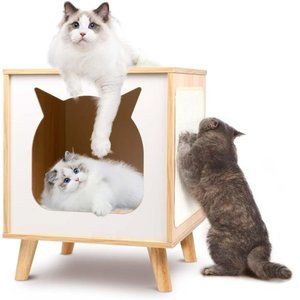 Wooden Cat House, Cat Condo Wood Kitten Hidden Cave TV Cat Bed with Cushion